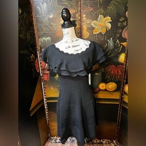 Eliza J black off shoulder ruffle knit knee length sheath stretch dress (D3)